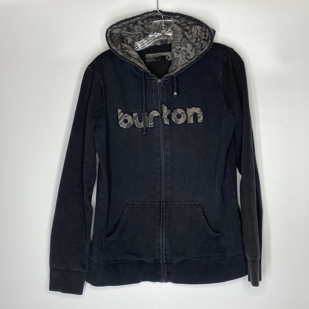 Vintage Button Black Hooded Full Zip Hooded Sweatshirt Large